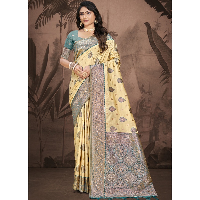 Cream Spun Silk Saree With Blouse Piece - JD986597859