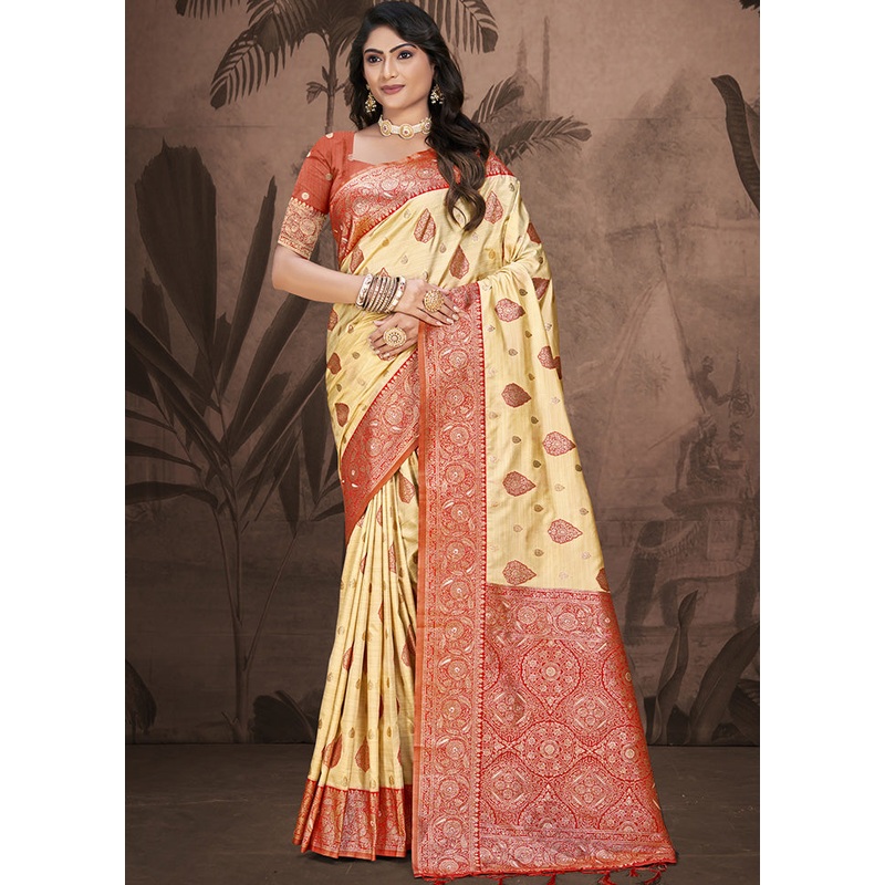 Cream Spun Silk Saree With Blouse Piece - JD986597860