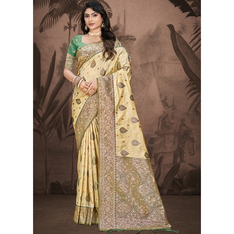 Cream Spun Silk Saree With Blouse Piece - JD986597861