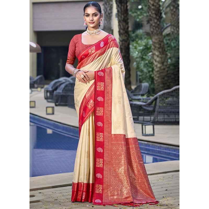 Cream Spun Silk Saree With Blouse Piece - JD986597899