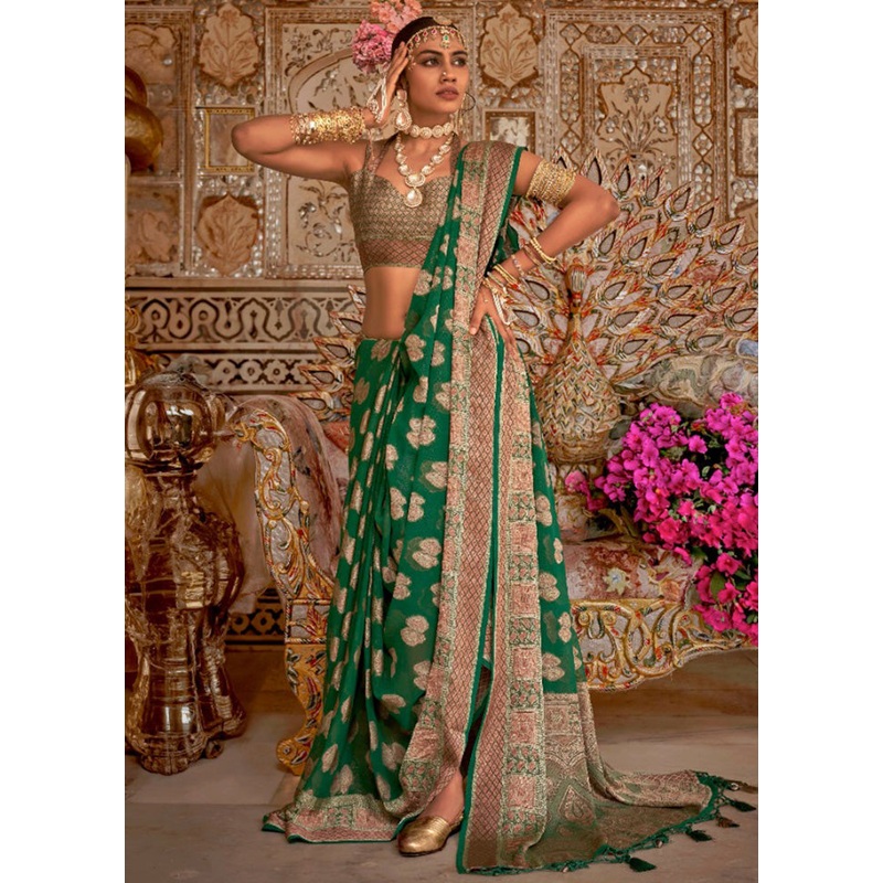 Dark Green Georgette Saree With Blouse Piece - JD986597853
