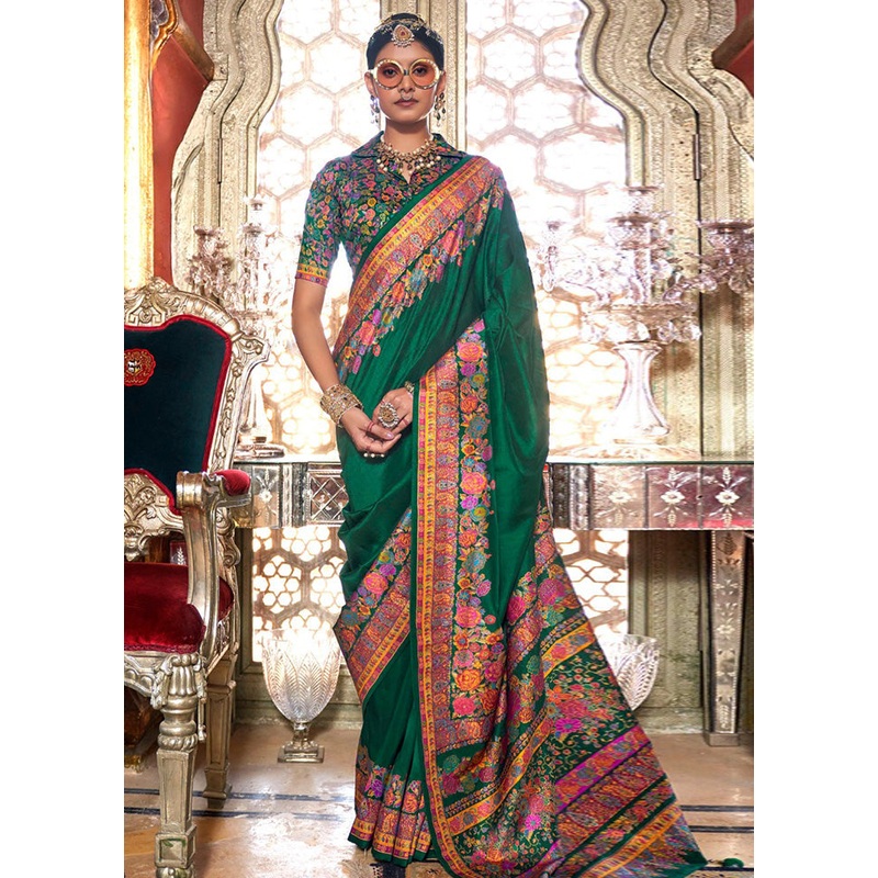 Dark Green Spun Silk Saree With Blouse Piece - JD986597852