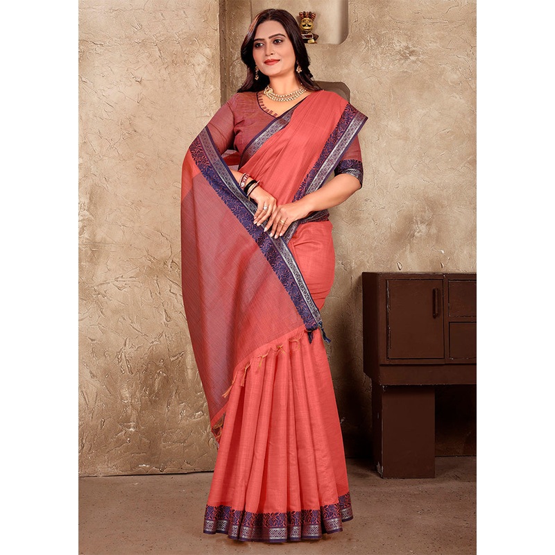 Dark Peach Linen Silk Saree With Blouse Piece - JD986597851