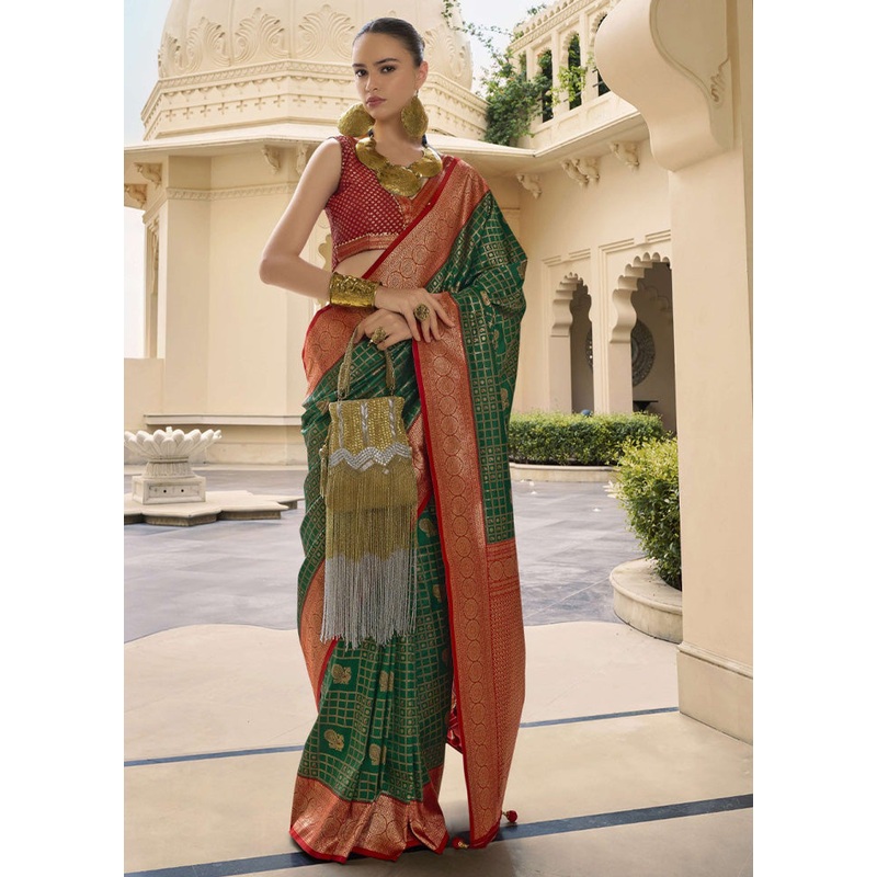 Green Banarasi Silk Saree With Blouse Piece - JD986597847