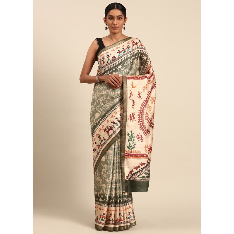 Green Cotton Saree With Blouse Piece - JD986597920