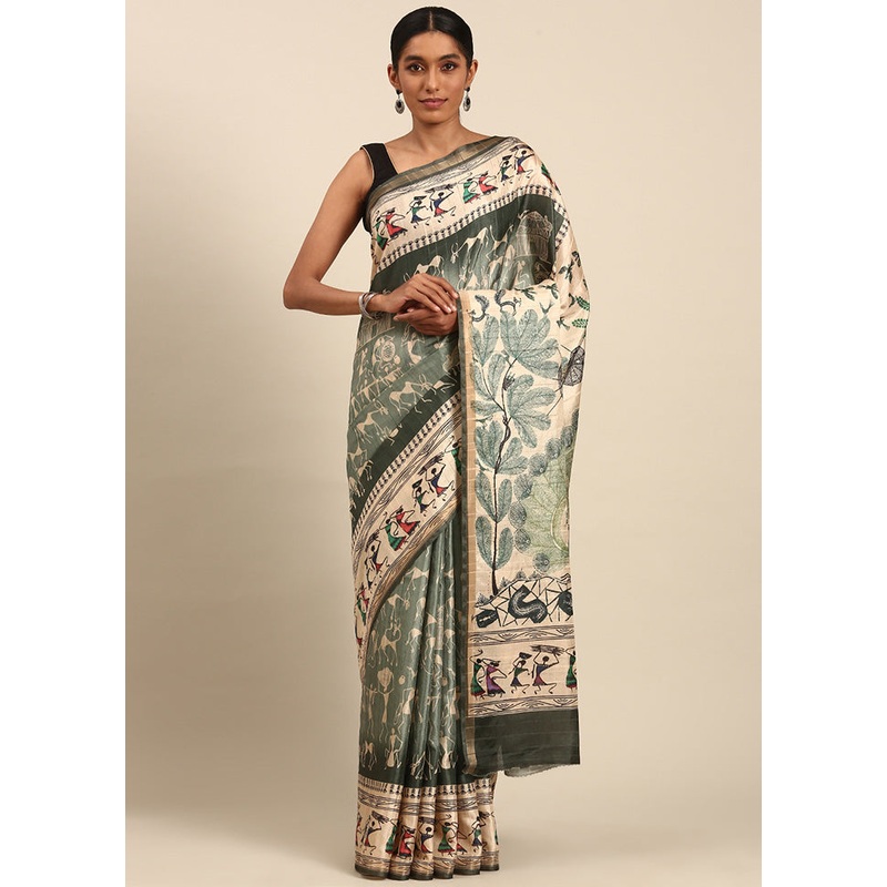 Green Cotton Saree With Blouse Piece - JD986597921