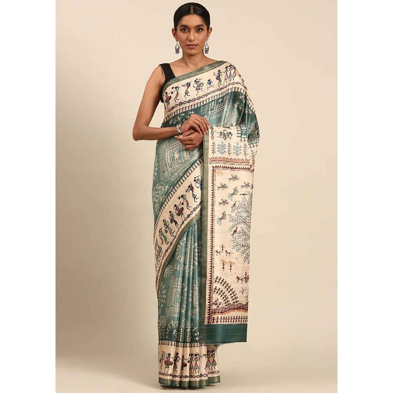 Green Cotton Saree With Blouse Piece - JD986597922
