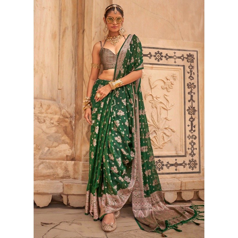 Green Georgette Saree With Blouse Piece - JD986597842