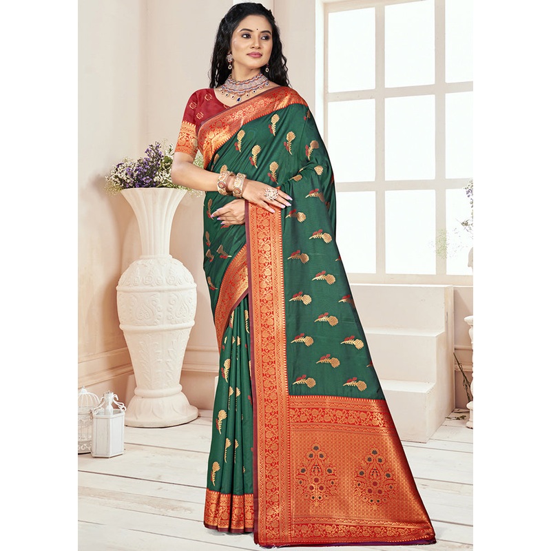 Green Spun Silk Saree With Blouse Piece - JD986597840