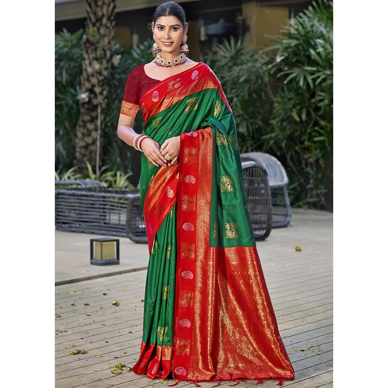 Green Spun Silk Saree With Blouse Piece - JD986597888