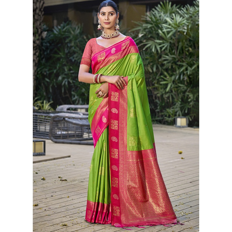 Green Spun Silk Saree With Blouse Piece - JD986597889