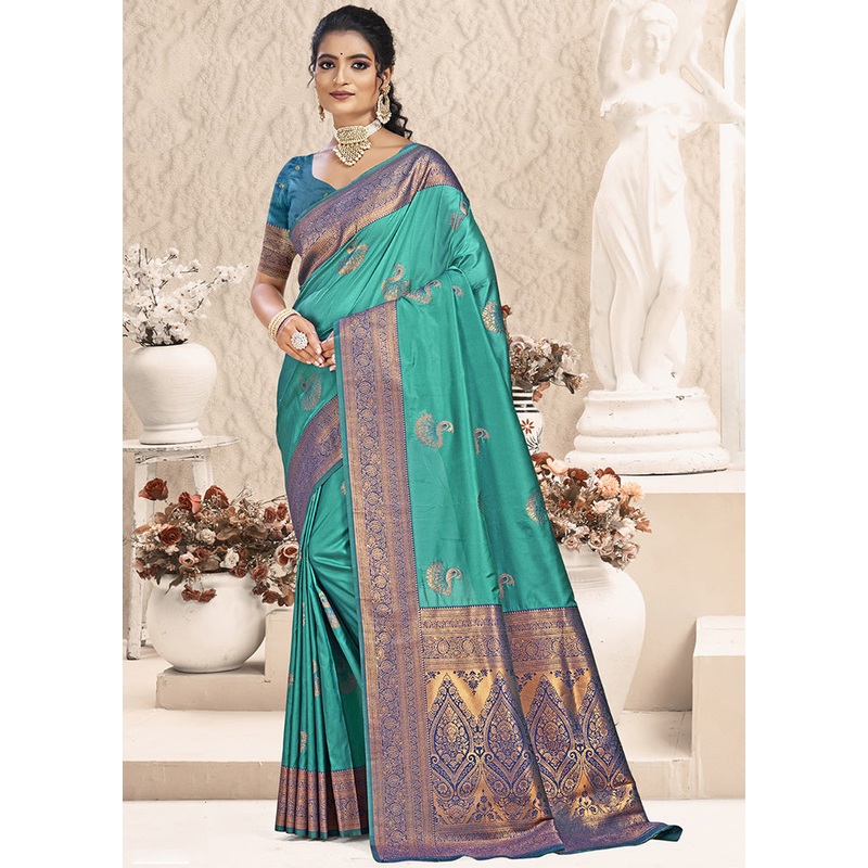 Green Spun Silk Saree With Blouse Piece - JD986597891