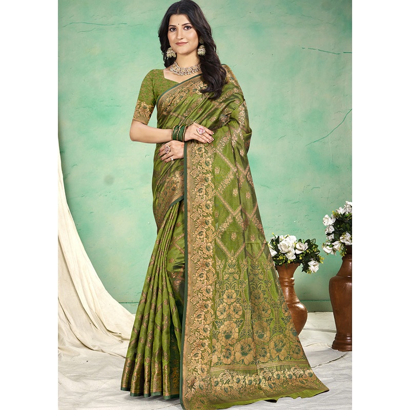 Green Spun Silk Saree With Blouse Piece - JD986597893