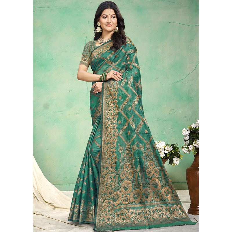 Green Spun Silk Saree With Blouse Piece - JD986597894