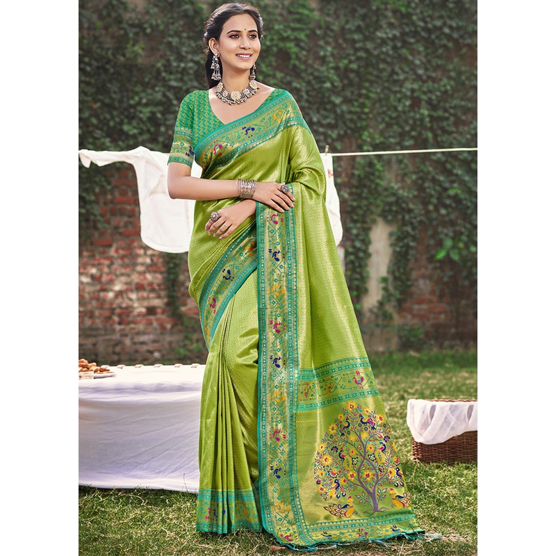 Green Spun Silk Saree With Blouse Piece - JD986597895