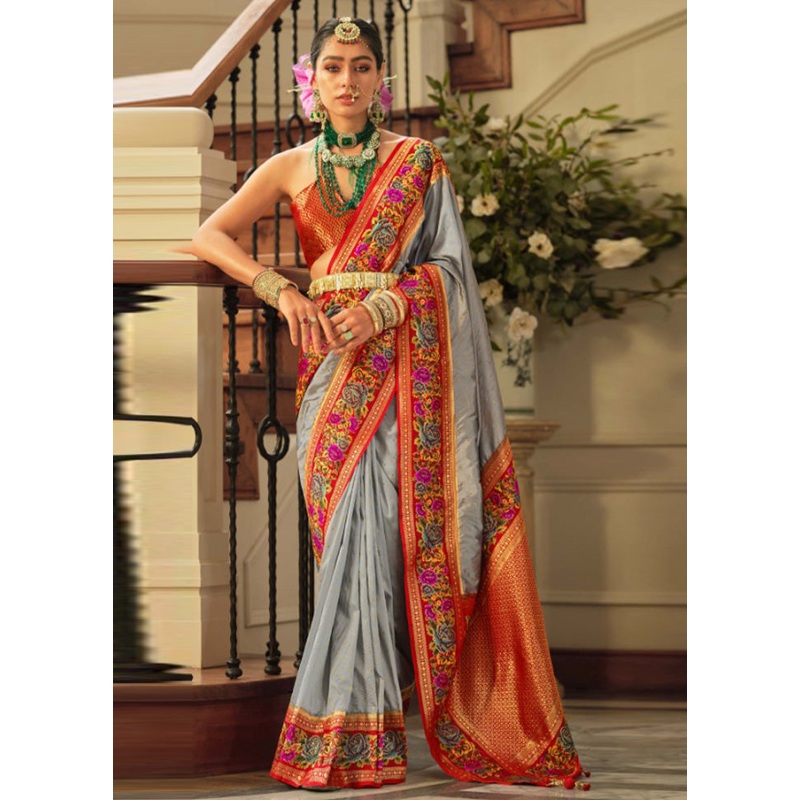 Grey Banarasi Silk Saree With Blouse Piece - JD986597838