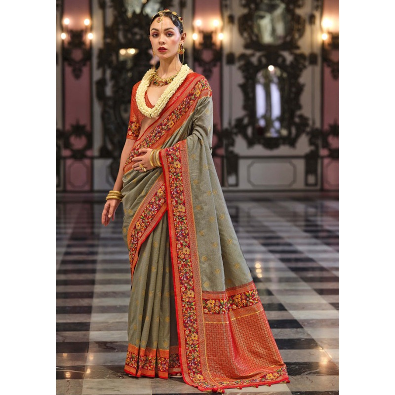 Grey Banarasi Silk Saree With Blouse Piece - JD986597839