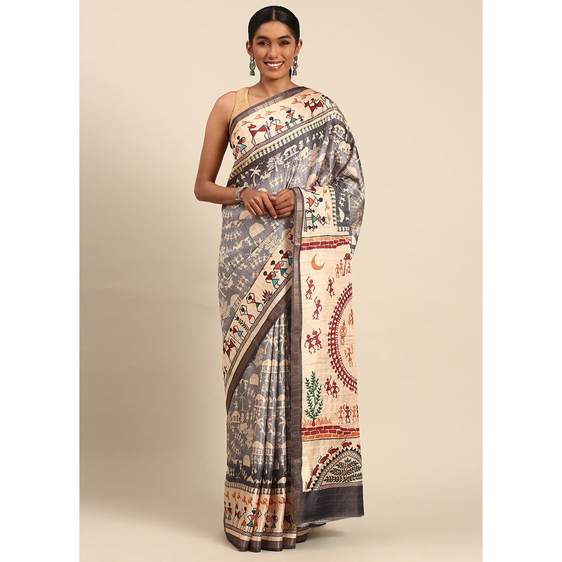 Grey Cotton Saree With Blouse Piece - JD986597917