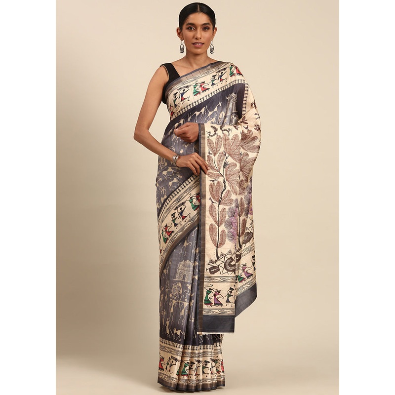 Grey Cotton Saree With Blouse Piece - JD986597918