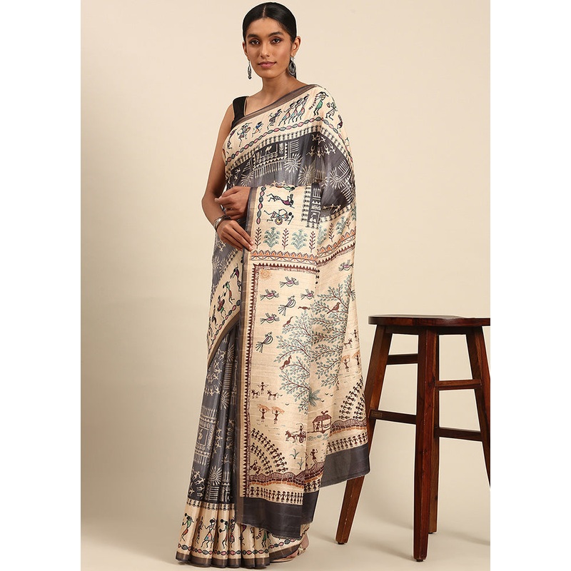 Grey Cotton Saree With Blouse Piece - JD986597919