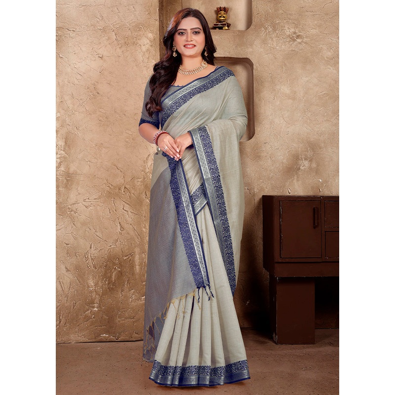 Grey Linen Silk Saree With Blouse Piece - JD986597837