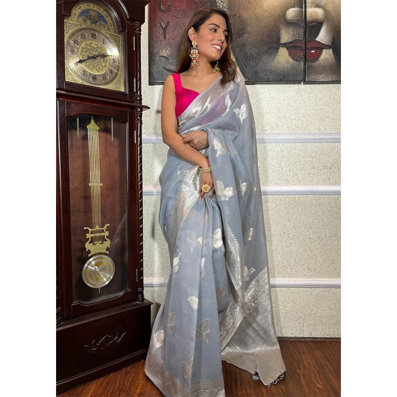 Grey Spun Silk Saree With Blouse Piece - JD986597836