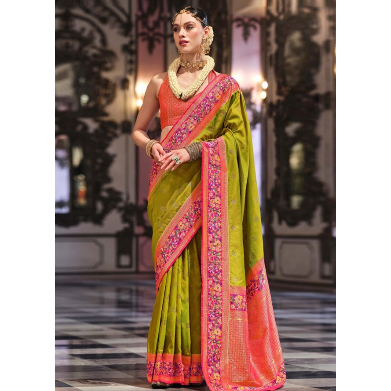 Mehendi Banarasi Silk Saree With Blouse Piece - JD986597828