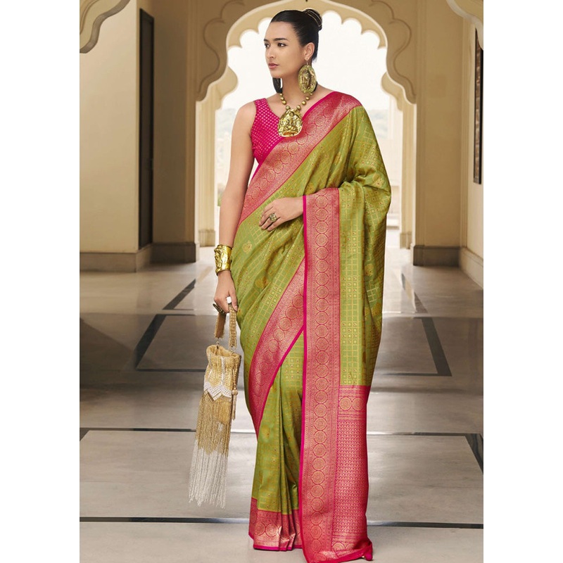 Mehendi Banarasi Silk Saree With Blouse Piece - JD986597829