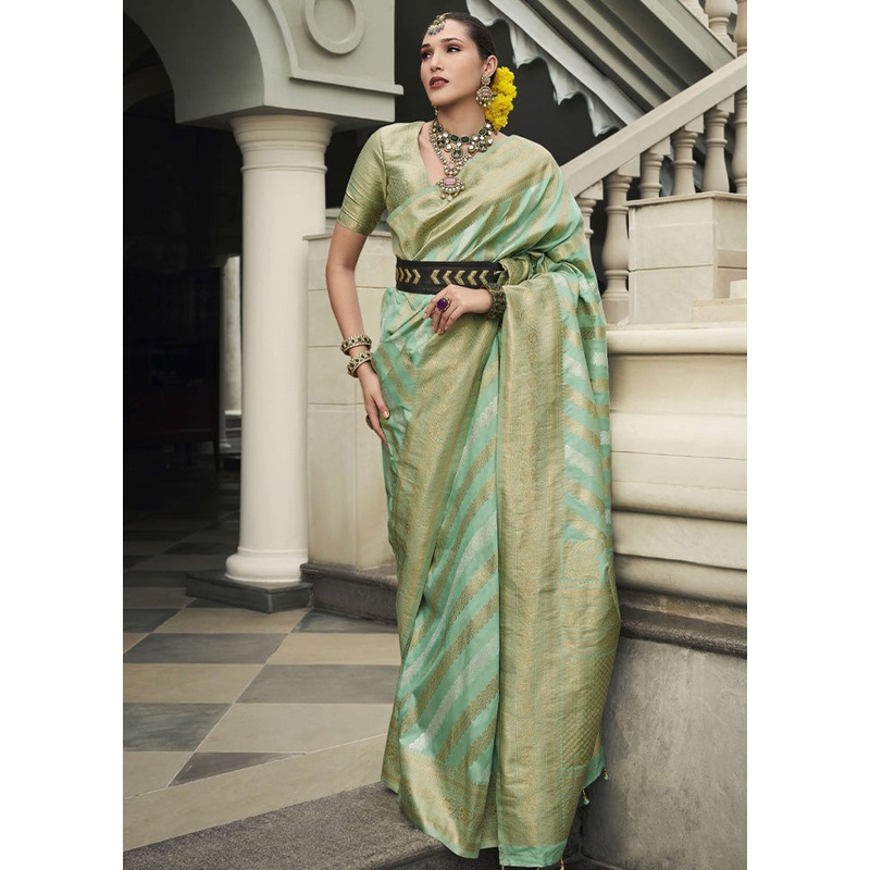 Mint Green Banarasi Silk Saree With Blouse Piece - JD986597826