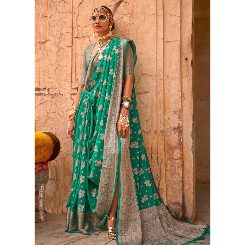 Mint Green Georgette Saree With Blouse Piece - JD986597825
