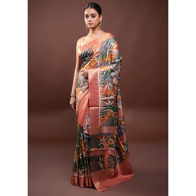 Multicolor Printed Pure Silk Saree Without Blouse Piece - JD986597914
