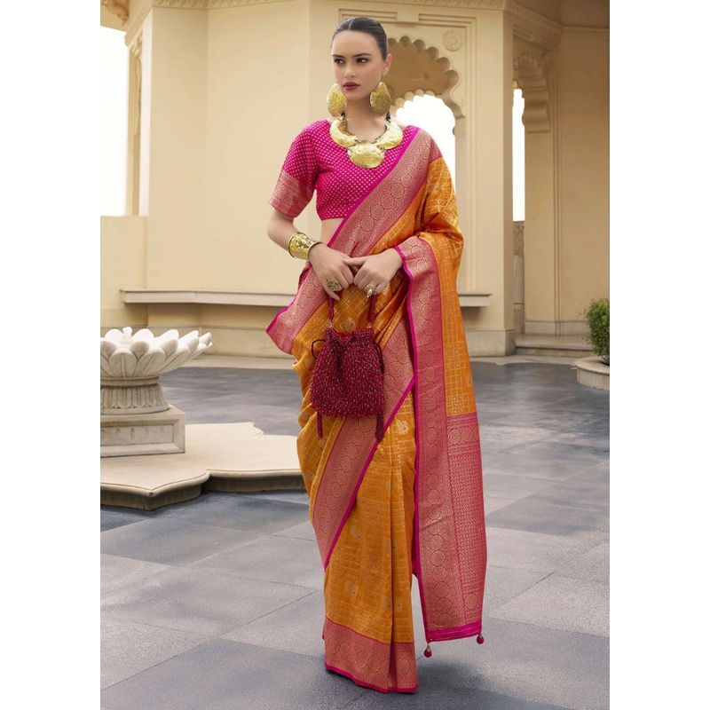 Mustard Banarasi Silk Saree With Blouse Piece - JD986597763