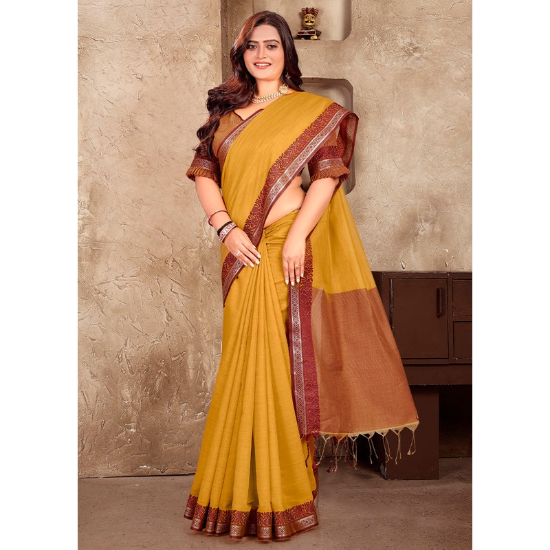 Mustard Linen Silk Saree With Blouse Piece - JD986597761