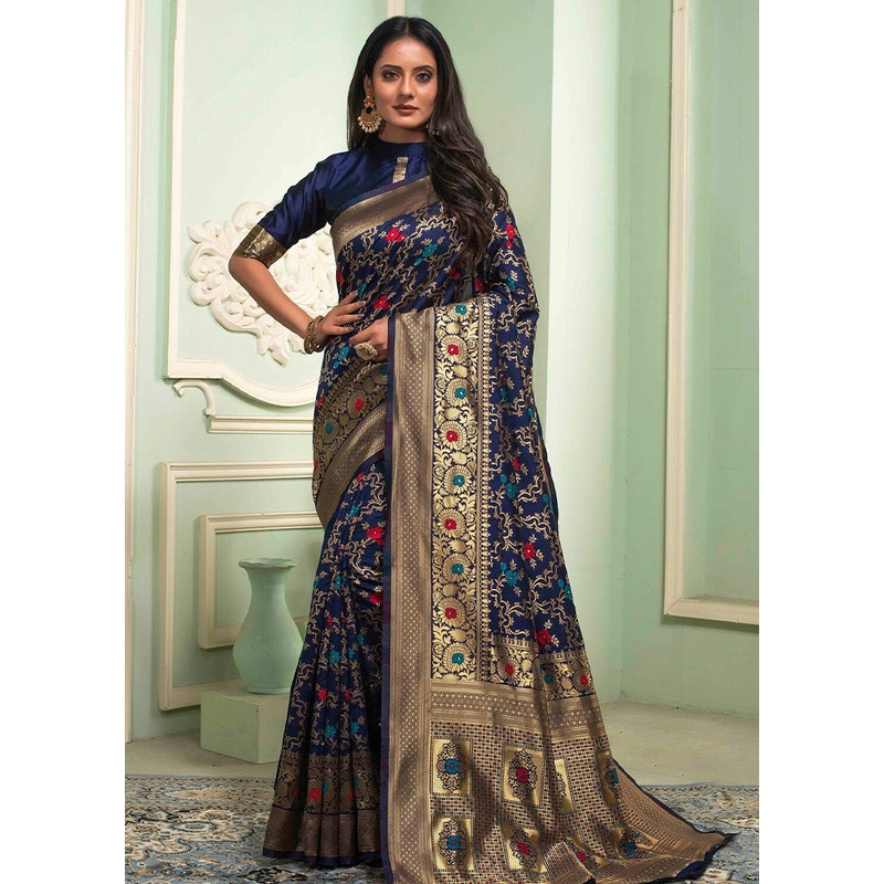Navy Blue Banarasi Silk Saree With Blouse Piece - JD986597758