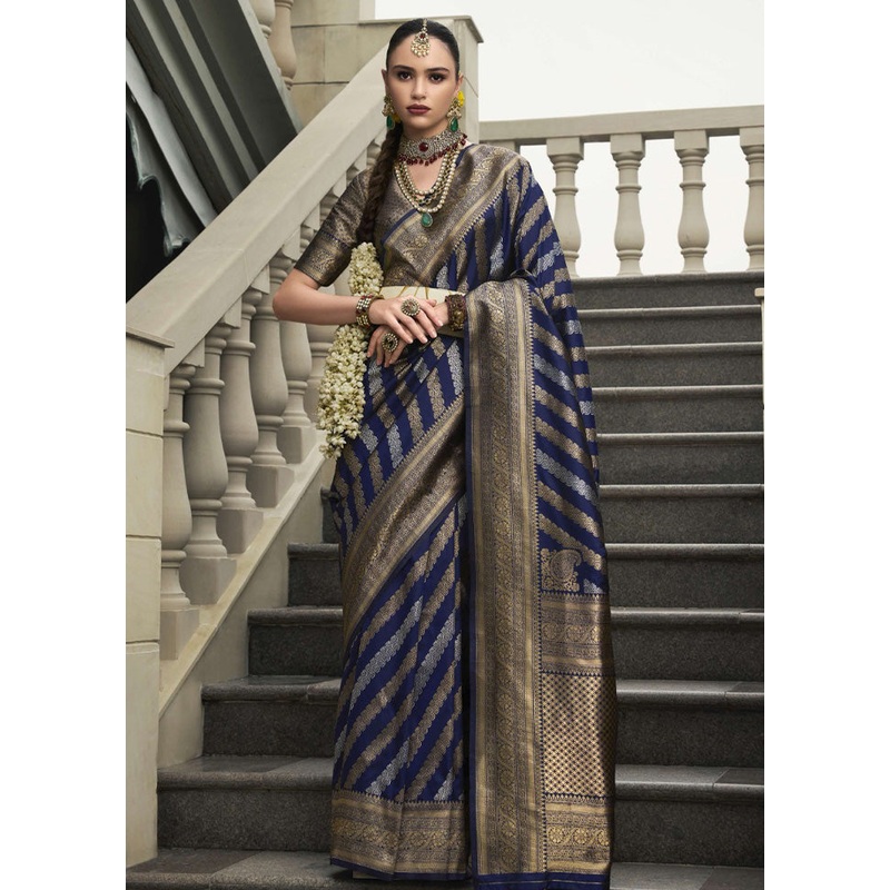 Navy Blue Banarasi Silk Saree With Blouse Piece - JD986597759