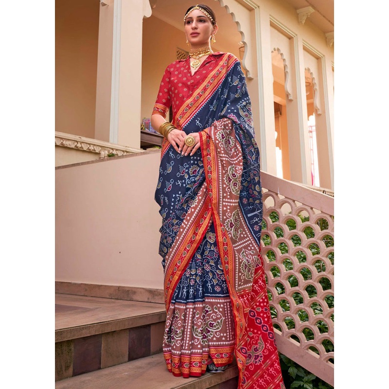 Navy Blue Spun Silk Saree With Blouse Piece - JD986597756