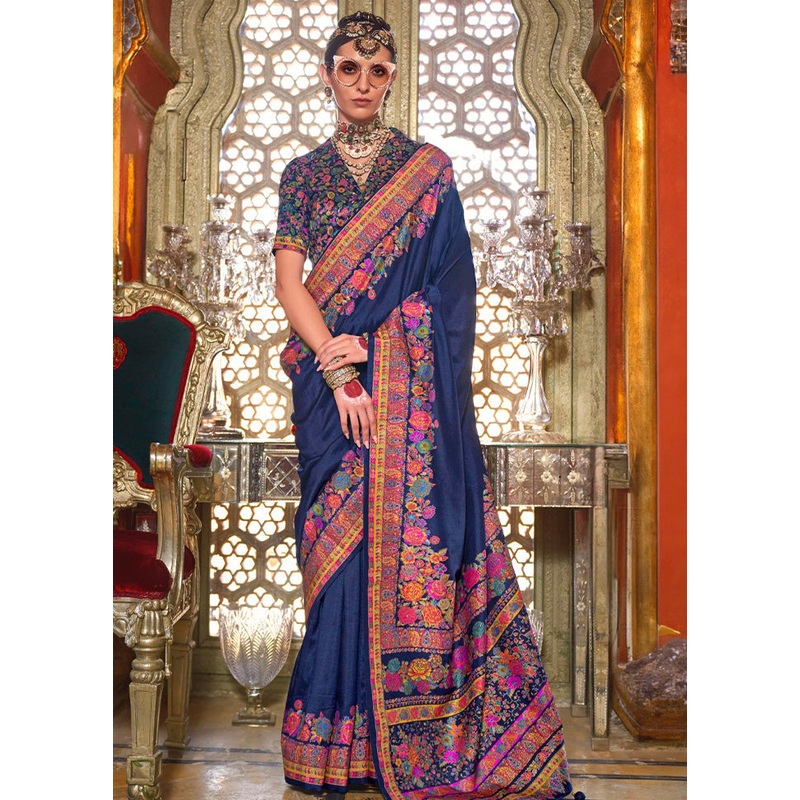 Navy Blue Spun Silk Saree With Blouse Piece - JD986597757
