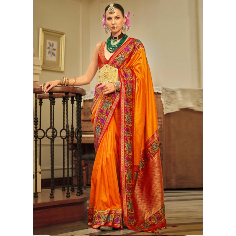 Orange Banarasi Silk Saree With Blouse Piece - JD986597753