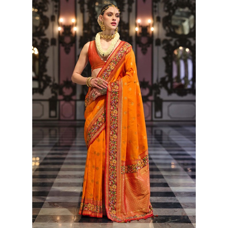 Orange Banarasi Silk Saree With Blouse Piece - JD986597754