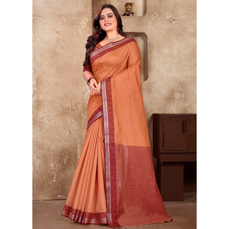 Orange Linen Silk Saree With Blouse Piece - JD986597751