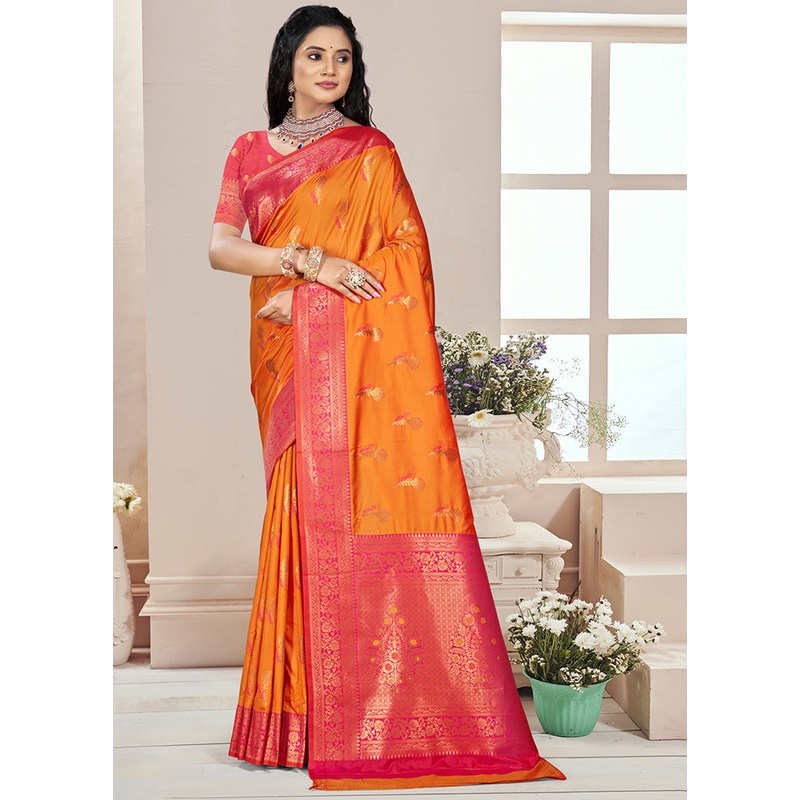 Orange Spun Silk Saree With Blouse Piece - JD986597750