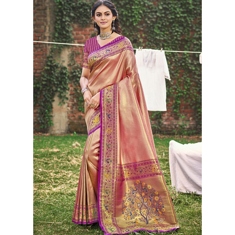 Peach Spun Silk Saree With Blouse Piece - JD986597883