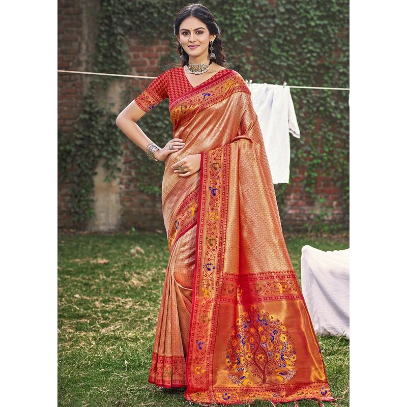 Peach Spun Silk Saree With Blouse Piece - JD986597884