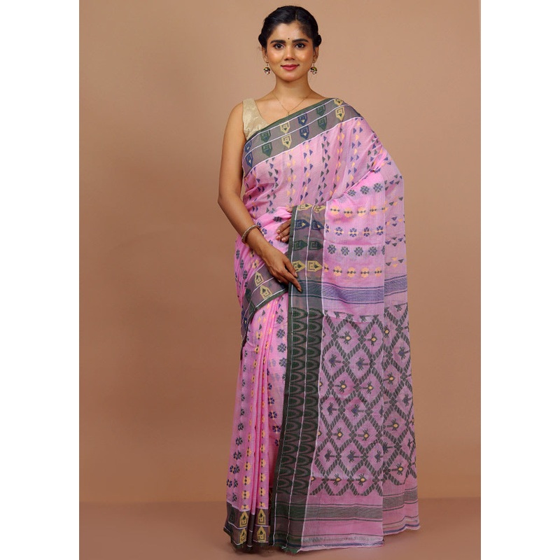 Pink Tant Jamdani Saree With Blouse Piece - JD986597904