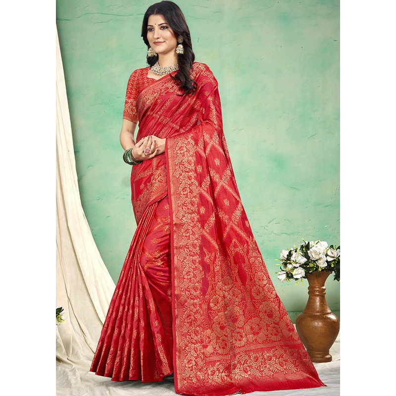 Red Spun Silk Saree With Blouse Piece - JD986597879
