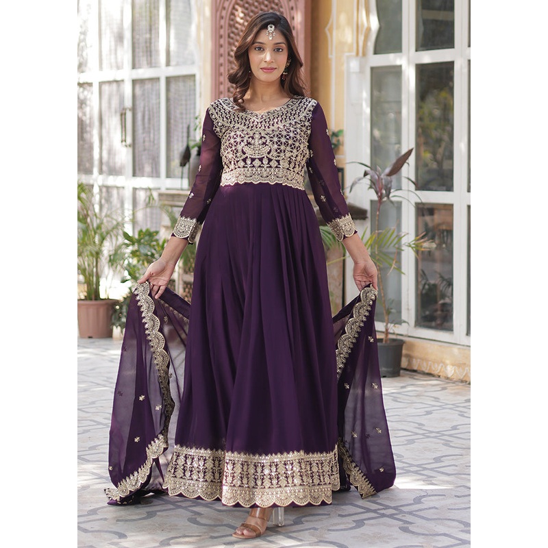 Wine Readymade Georgette Dupatta Indian Dress - JD986597949