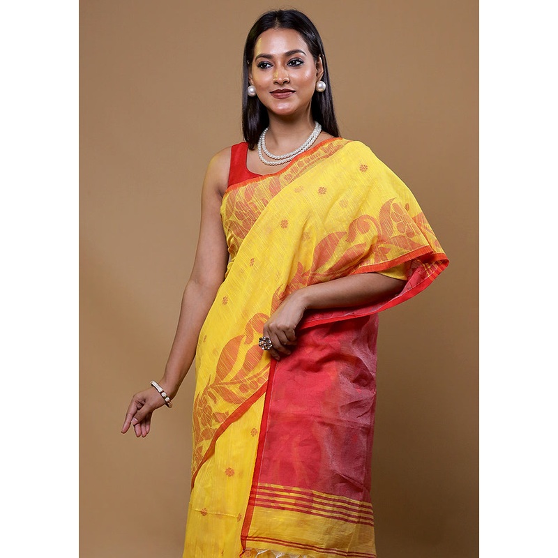 Yellow Cotton Saree With Blouse Piece - JD986597906