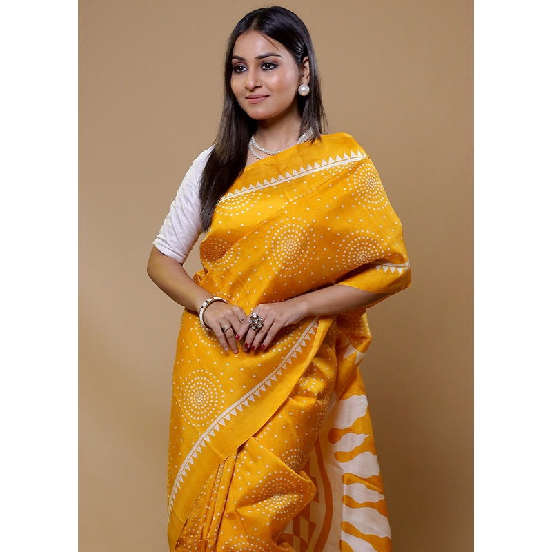 Yellow Printed Pure Silk Saree Without Blouse Piece - JD986597905