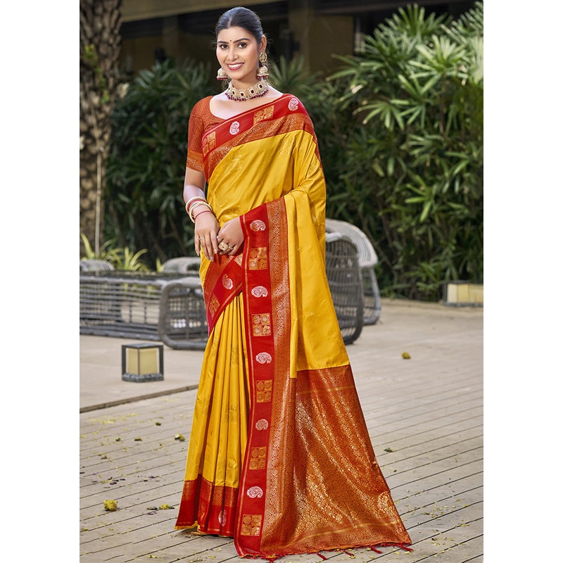 Yellow Spun Silk Saree With Blouse Piece - JD986597873