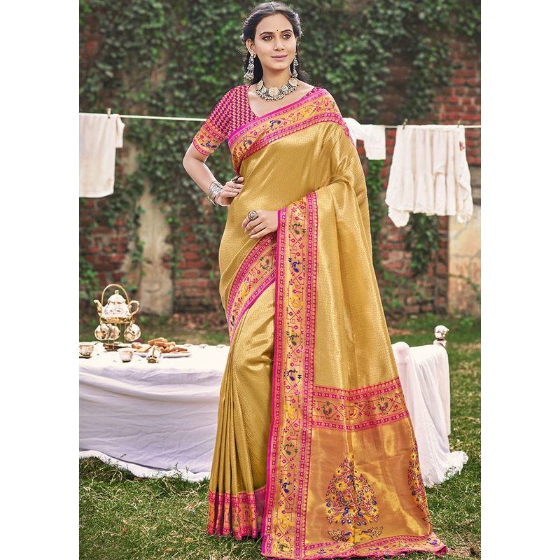 Yellow Spun Silk Saree With Blouse Piece - JD986597875